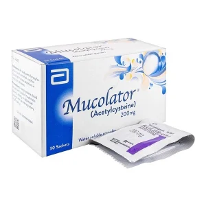 A sachet of Mucolator powder with text displaying its uses, side effects, dosage, and price.