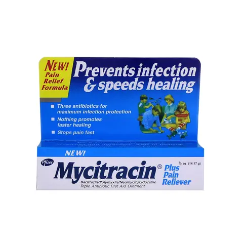 A tube of Mycitracin Plus Ointment with a label showing its uses, formula, side effects, dosage, and price.