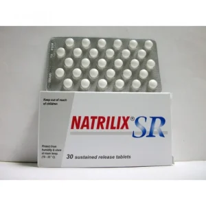 Image showing a pack of Natrilix SR Tablet 1.5mg with Servier logo