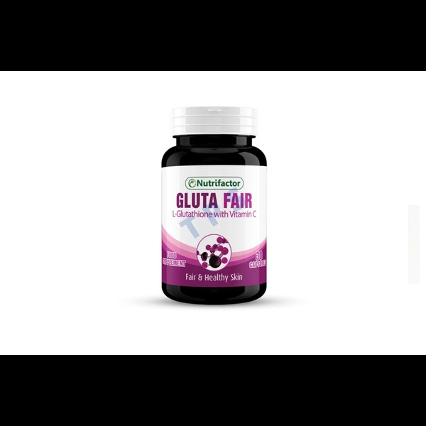 : Nutrifactor Gluta Fair Capsule bottle with white capsules, symbolizing skin lightening and anti-aging benefits.