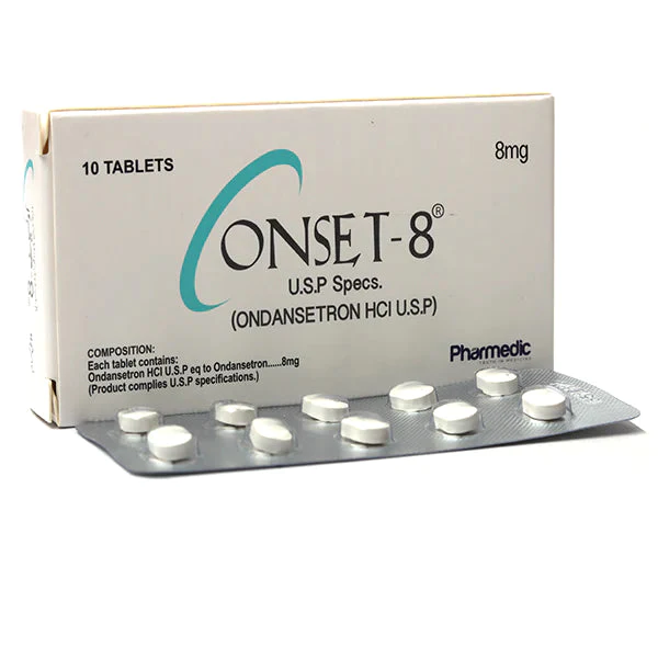 A blister pack of Onset Tablet 8mg with a label showing its uses, formula, side effects, dosage, and price.