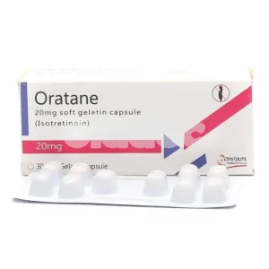 Oratane Capsule blister pack with acne treatment symbol and caution sign