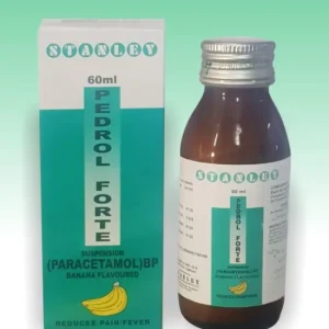 A bottle of Pedrol Syrup 250mg with a label indicating its uses, dosage, and precautions.