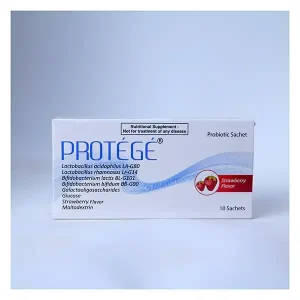 A packet of Protege 2gm powder with the brand name "Protege" is clearly visible.