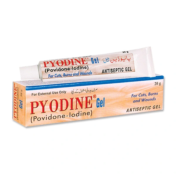 Tube of Pyodine Gel with medical cross symbol