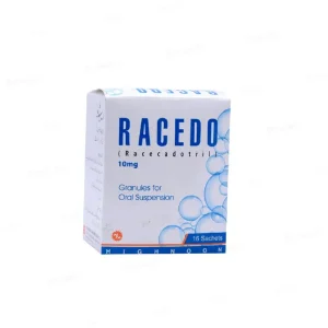 Racedo Sachet 10mg: A sachet of powdered medication.