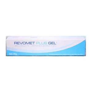 An image showing a tube of Revomet Gel 1% 40gm with surrounding text describing its uses, side effects, and price.