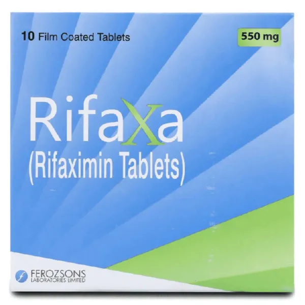Rifaxa Tablet 550mg - A blister pack of tablets with a glass of water.