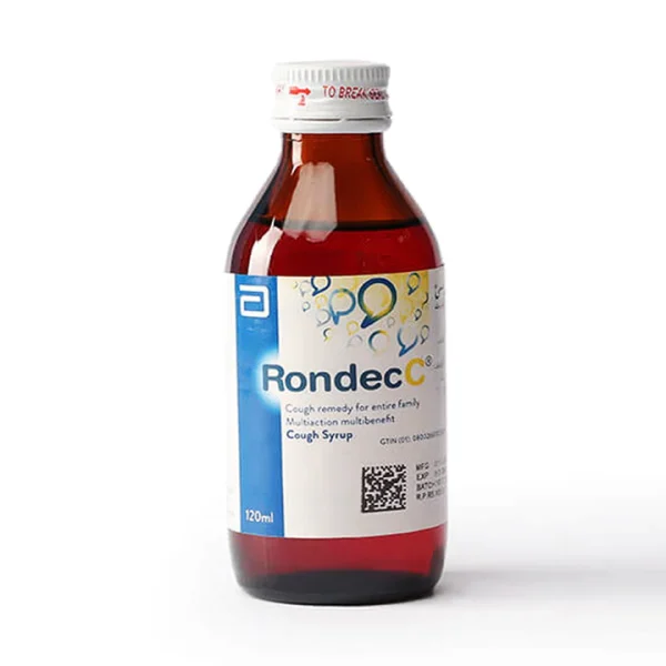 A bottle of Rondec-C 120 ml syrup.