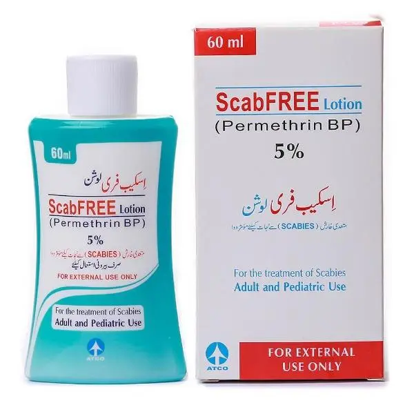 An image showing a bottle of Scab Free Lotion 60ml with surrounding text describing its uses, benefits, side effects, precautions, and price.