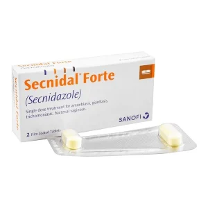 A pack of Secnidal Forte tablets with a label showing its uses, formula, side effects, dosage, and price.