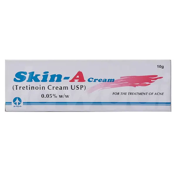 A tube of Skin A Cream 0.05%, an anti-acne topical medication.