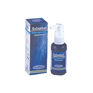 A bottle of Solophar Oral Mint Flavour Spray, a pharmaceutical solution for throat and oral cavity infections and inflammation.