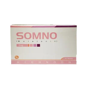 A blister pack of Somno tablets 2mg, with the label showing its uses, side effects, precautions, and price.