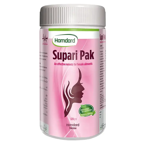 A bottle of Supari Pak 120gm, surrounded by various herbs and ingredients, symbolizing its Ayurvedic health benefits for reproductive wellness.