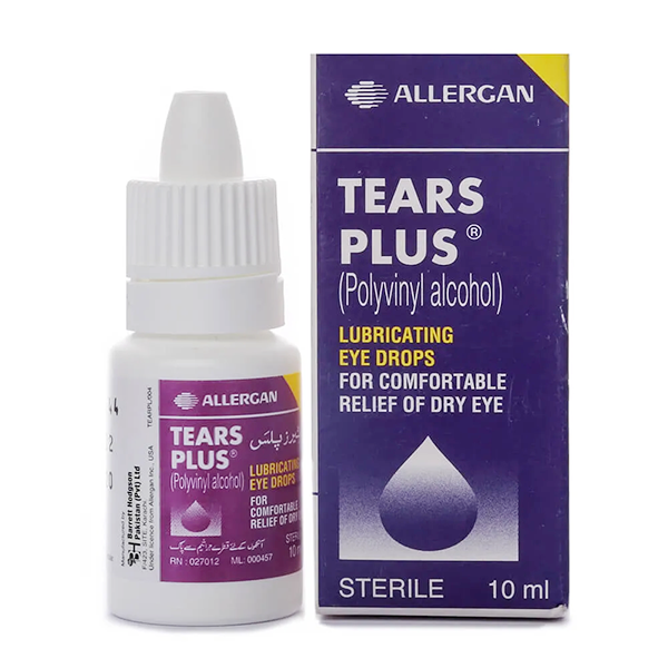 Tears Plus Eye Drops 10ml bottle against a blue background, offering relief for dry, irritated eyes.