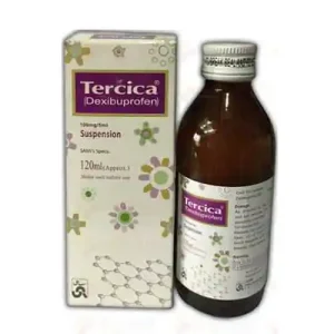 Tercica Syrup 60ml bottle surrounded by medical symbols on a white background.