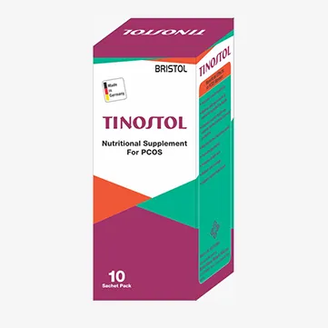 A sachet of Tinostol with text indicating its uses, side effects, dosage, and price.