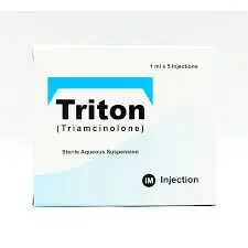 A vial of Triton 40mg Injection with text detailing its uses, side effects, dosage, and price.