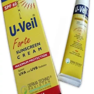 Image of a tube of U-Veil Forte Cream against a white background, accompanied by text detailing its uses, benefits, side effects, and price.
