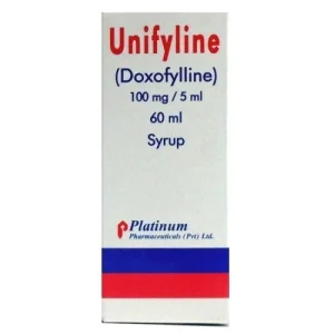 A bottle of Unifyline Syrup with text indicating its uses, benefits, side effects, and price.