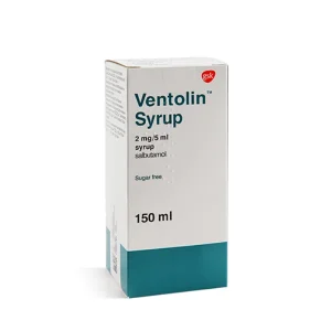 A bottle of Ventolin Syrup 2mg/5ml with its packaging displayed against a white background