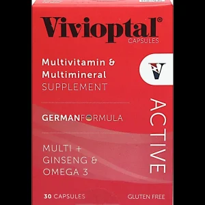 A bottle of Vivioptal Capsules with text detailing its uses, side effects, dosage, and price.