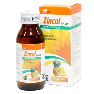 Illustration of a bottle of Zincol Syrup with zinc molecules floating around it.