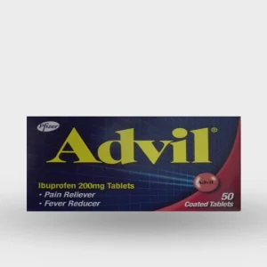 A pack of Advil 200mg tablets, showcasing the brand name and dosage prominently.