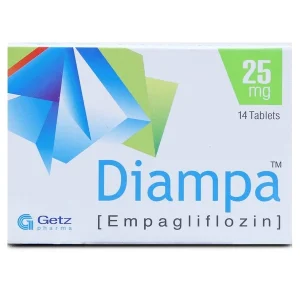 Blister pack of Diampa 25mg tablets with accompanying information on uses, side effects, dosage, precautions, and price in Pakistan.