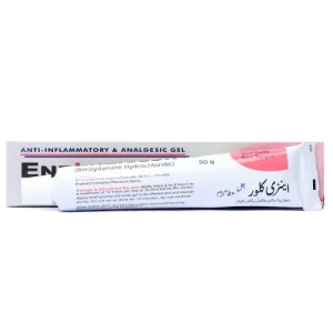 A tube of Enziclor Dental Gel 50g with a label detailing its uses, benefits, side effects, and price.