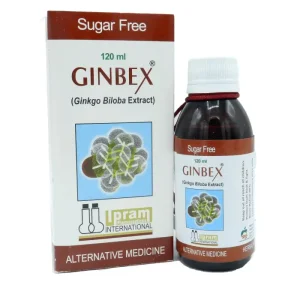 A bottle of Ginbex Syrup with text detailing its uses, side effects, precautions, and price.