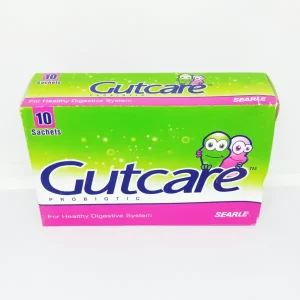 Packet of GutCare Sachet against a white background, with text detailing its uses, side effects, dosage, and price.