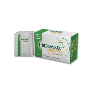A sachet of Hidrasec with a label displaying its uses, side effects, dosage, and price.