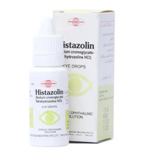 A box of Histazolin eye drops with a dropper cap, used for treating eye conditions, against a white background.