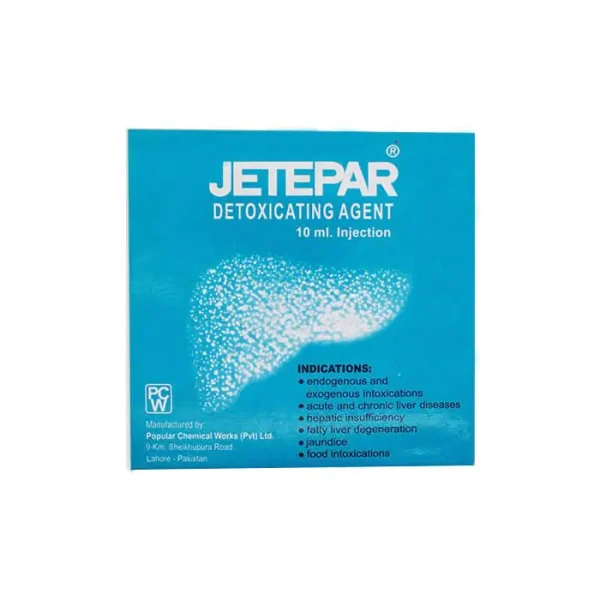 A vial of Jetepar Injection with text detailing its uses, side effects, dosage, and price.