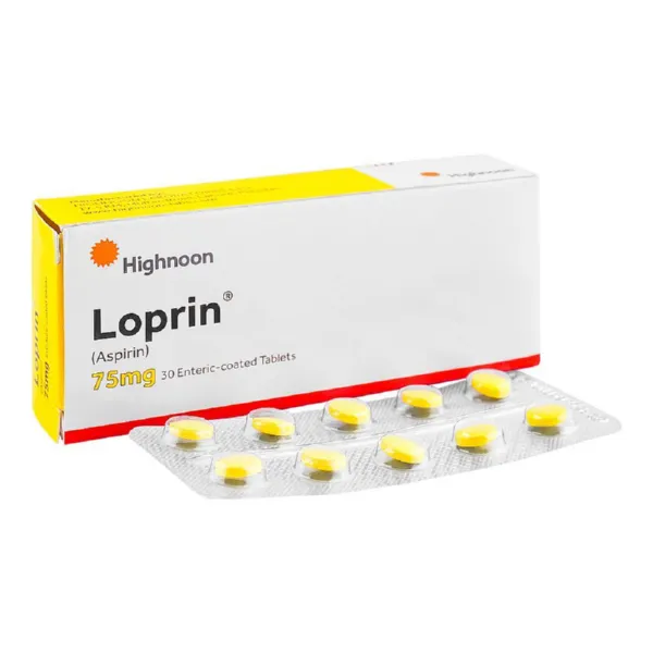 A pack of Loprin 75mg tablets, featuring the product name and dosage information.