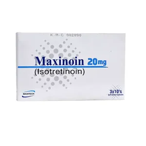 A blister pack of Maxinoin Capsules with text detailing its uses, benefits, side effects, and price.