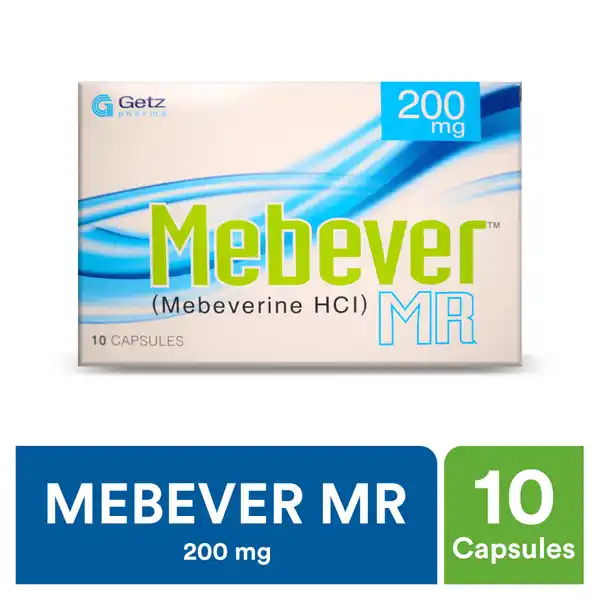 Pack of Mebever MR capsules with text detailing its uses, side effects, precautions, and price.