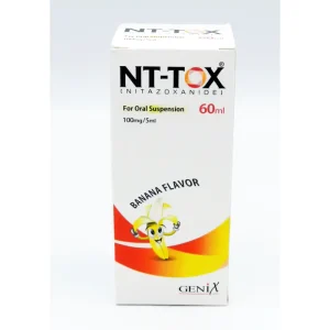 A bottle of NT-Tox suspension with a measuring syringe and scattered tablets around it.