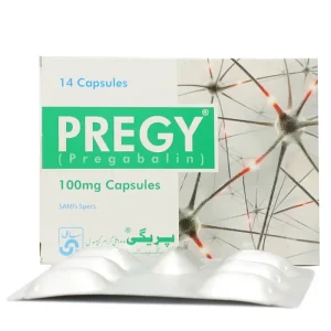 Blister pack of Pregy 100mg capsules with capsules arranged in compartments, against a white background.