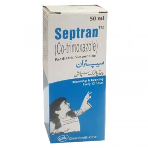 Septran Suspension 240mg: A liquid medication combining sulfamethoxazole and trimethoprim, used to treat bacterial infections. Manufactured by GlaxoSmithKline (GSK). Image shows a bottle of the suspension with dosage instructions.