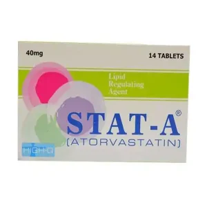 Blister pack of Stat-A Tablet 40mg with pills and prescription in background