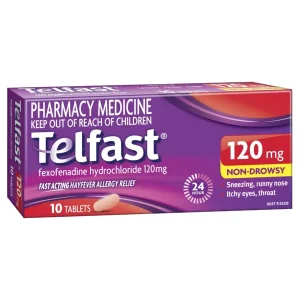 A pack of Telfast 120mg tablets, shows the product name and dosage information.