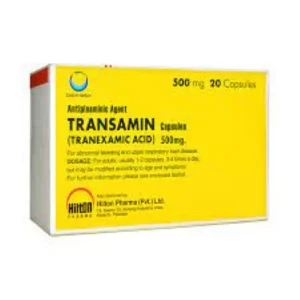 A pack of Transamin capsules, 500mg, with the product name and dosage clearly visible.