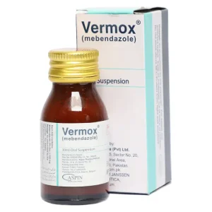 Vermox Syrup 30ml bottle with a measuring spoon