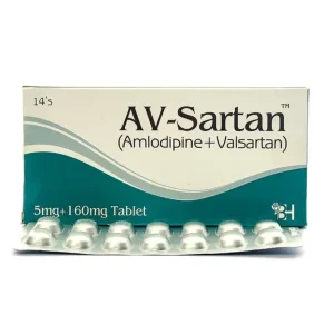 AV-Sartan 10 mg/160 mg tablets with a glass of water and a blister pack on a white surface.