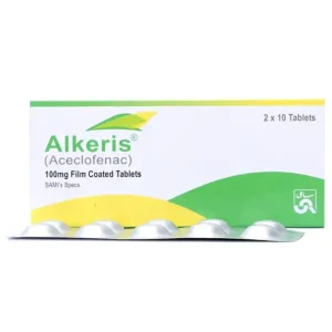 A pack of Alkeris 100mg tablets by Sami, containing Aceclofenac (100mg), used for the management of osteoarthritis, rheumatoid arthritis, and ankylosing spondylitis,