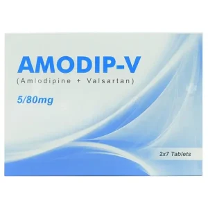 A pack of Amodip-V 5mg/80mg tablets by Mass-PH Health, containing Amlodipine besylate (5mg) and Valsartan (80mg), used for the management of hypertension and angina.