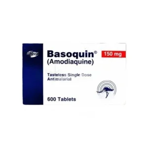 A pack of Basoquin Tablet 150mg, containing Amodiaquine as the active ingredient, used for the treatment of malaria.